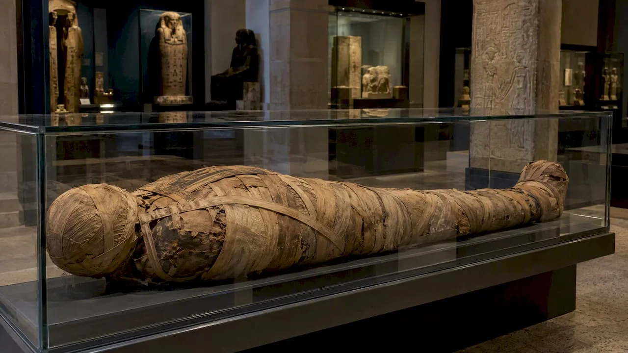 Wrapped Egyptian mummy in a museum display