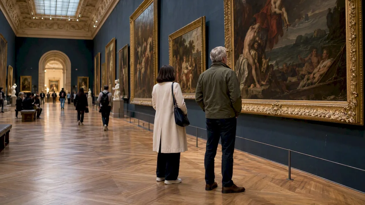 Visitors viewing art in a Louvre gallery
