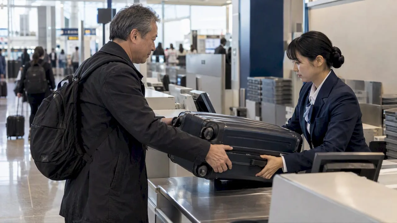 Traveler handing luggage to an airport delivery attendant