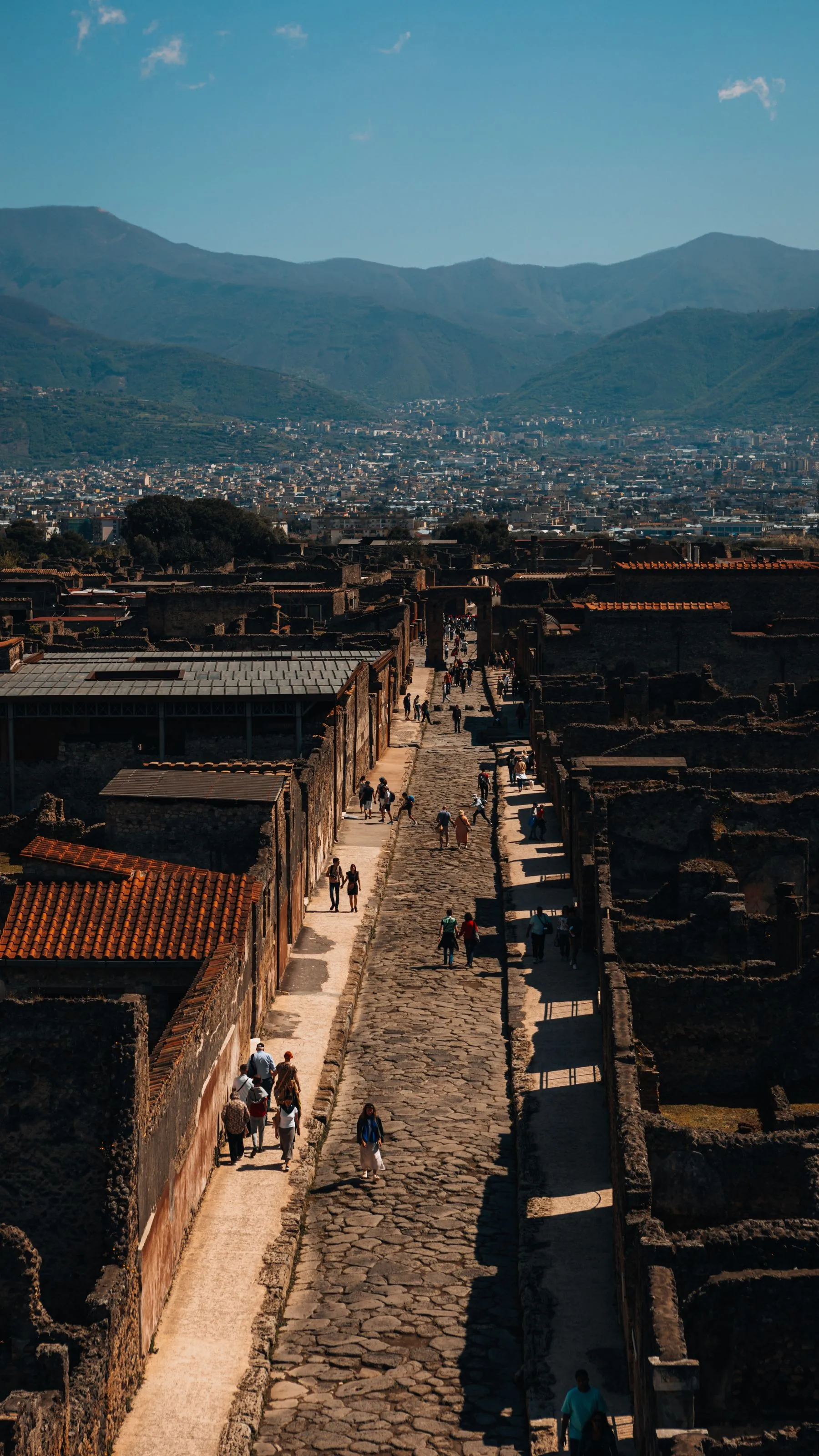 Excavated streets and ancient buildings in Pompeii