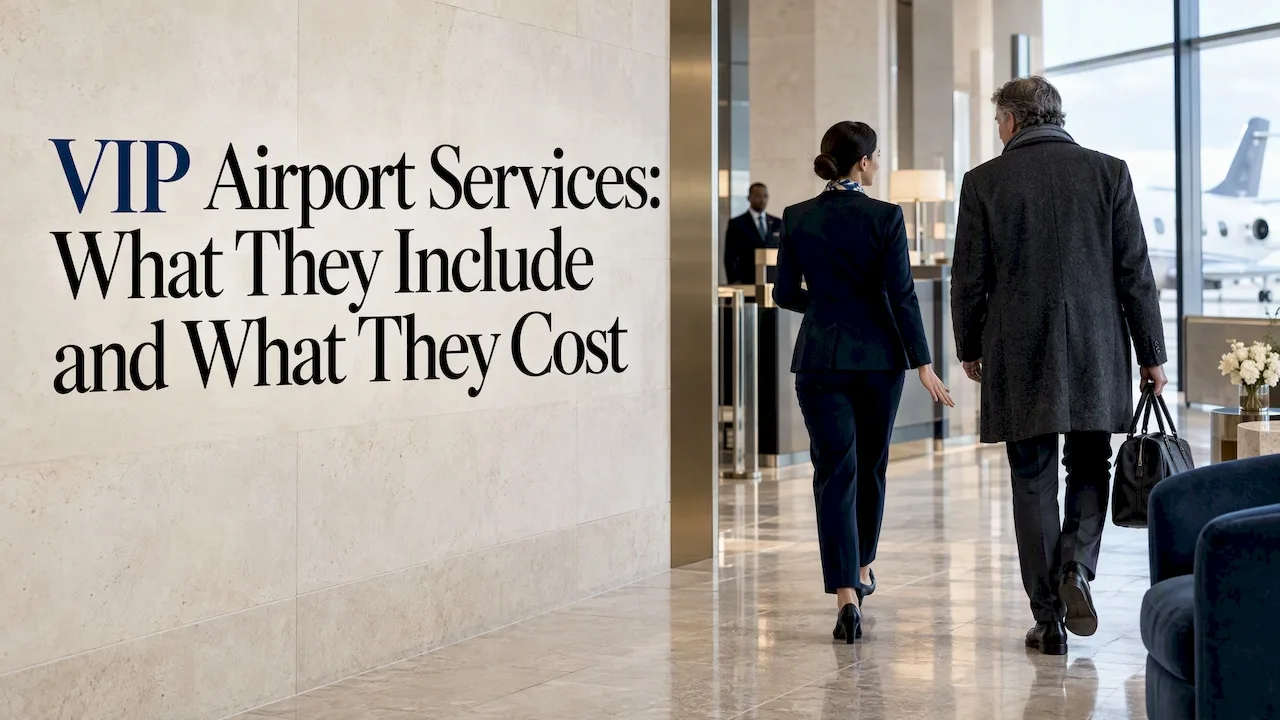 Traveler guided through a private airport terminal