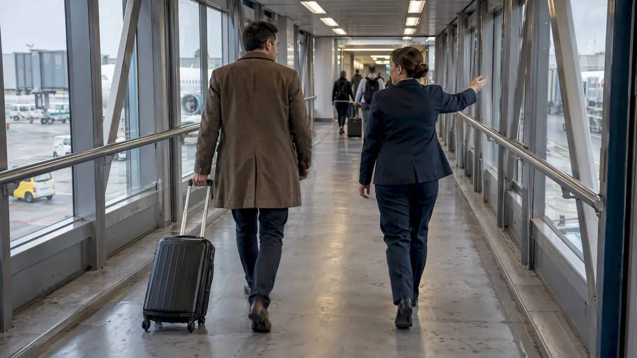 Airport escort guiding a traveler between terminals